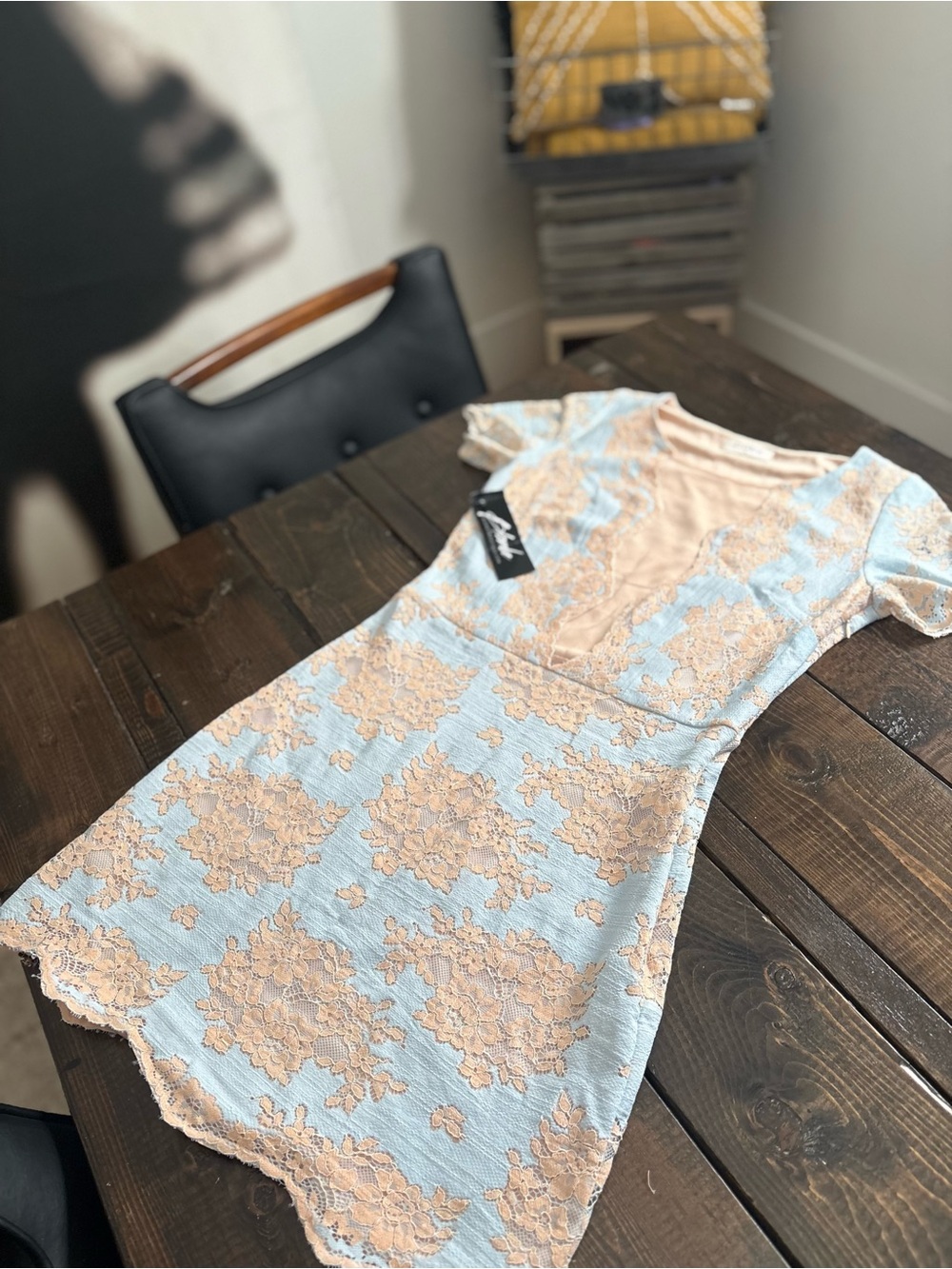 Storia Lace Overlay Dress with Floral Appliqué peach and baby blue